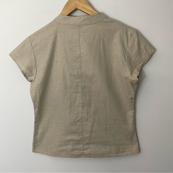 Atmosphere Button Front Crop Shirt Sz 12 Beige Linen Cotton Cap Sleeve Top - Picture 6 of 10